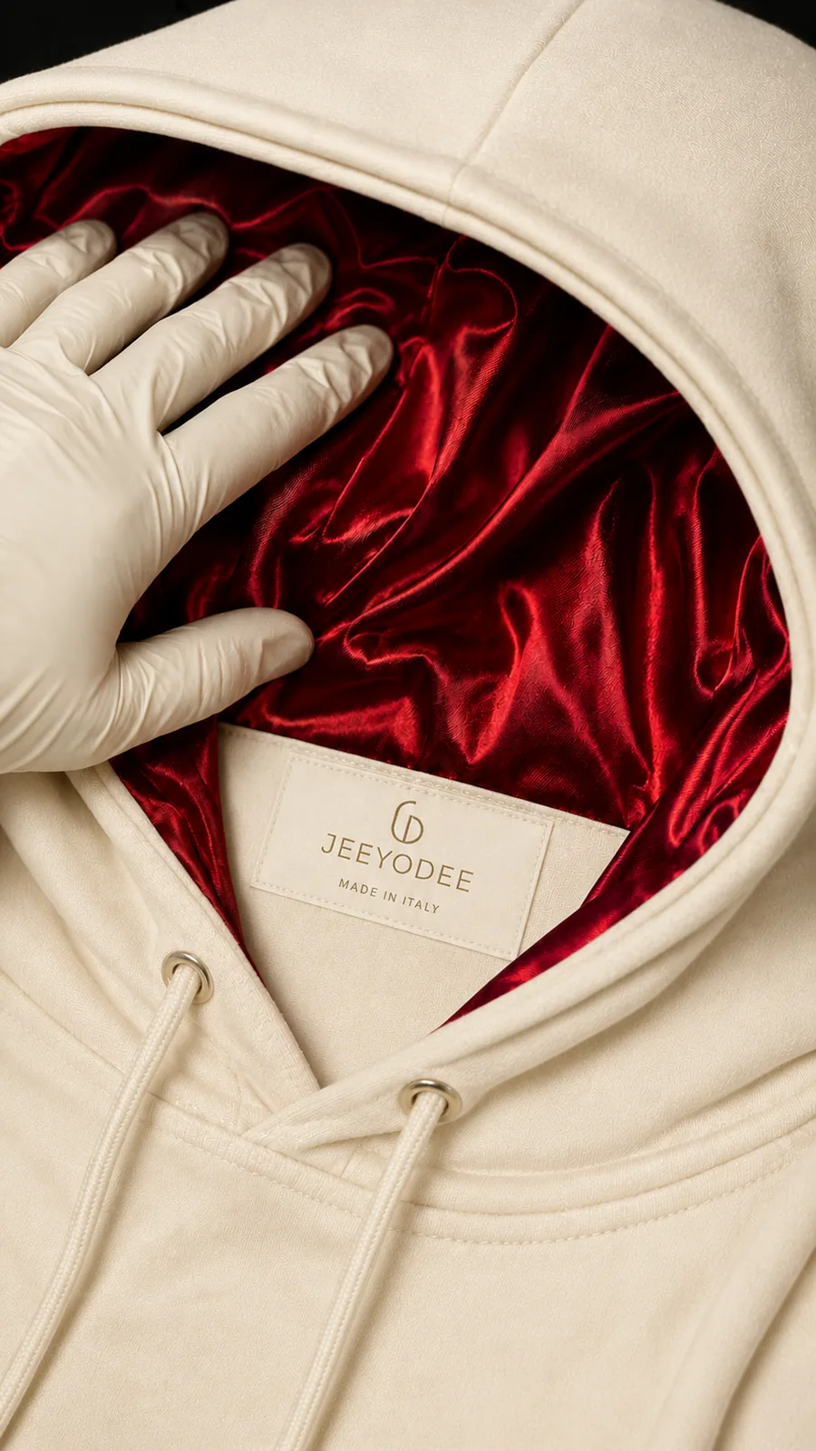JEEYODEE bone interior label on deep blood silk lining