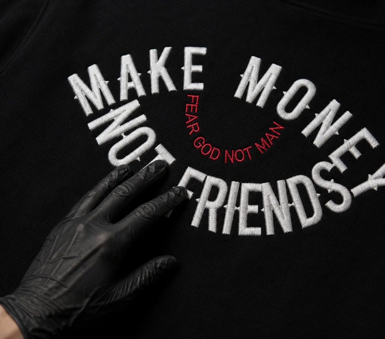 Make Money Not Friends embroidery on onyx black